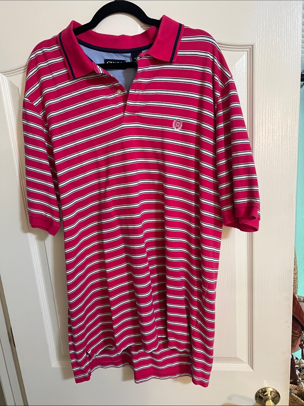 Chaps Men’s Fuchsia with Navy and White Striped Polo